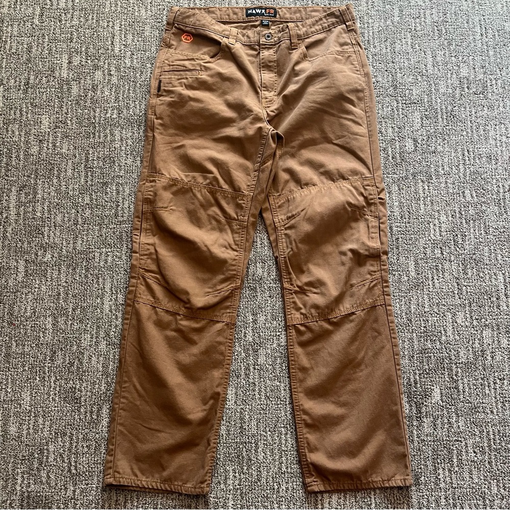Hawx men’s FR canvas work pants, size 36/34, brown/khaki, fire flame resistant